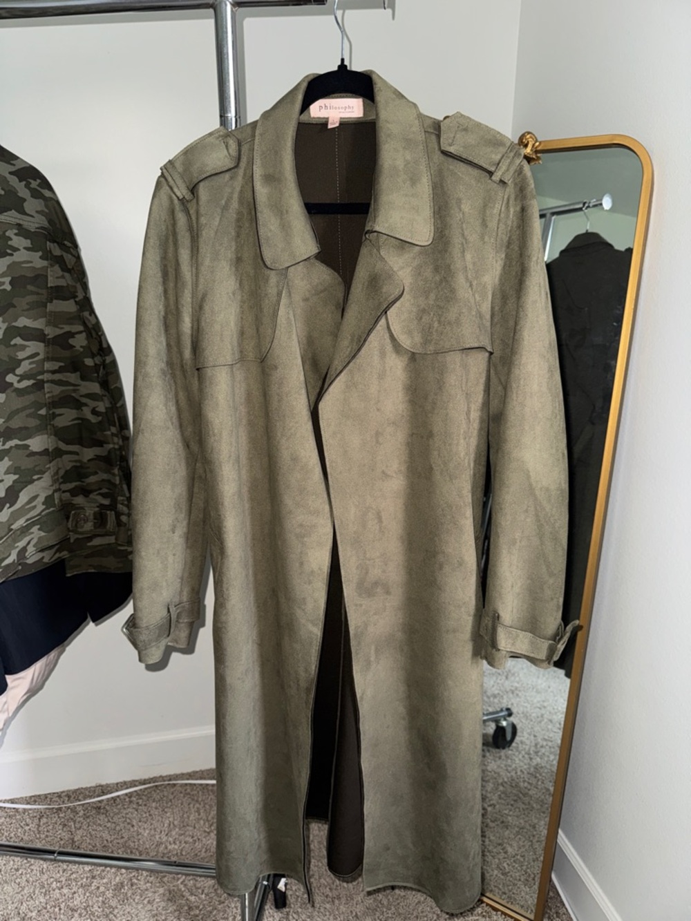 Philosophy Olive Green Suede-Look Trench Coat